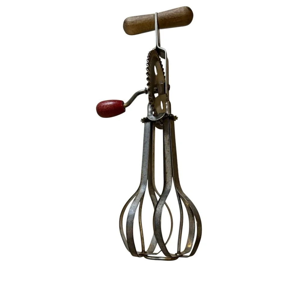 Vintage RED A&J High Speed Super Center Drive Egg Beater Hand Crank Whip Mixer